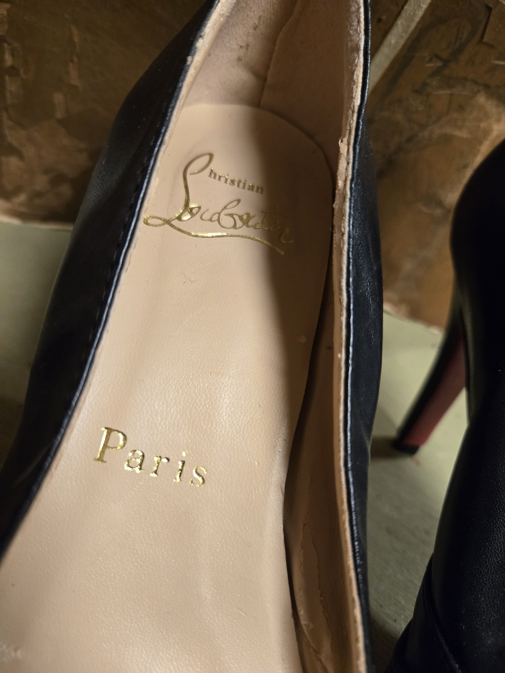 Christian Louboutin Black Leather Peep-Toe Ruched Pumps with Gold Insole - Picture 5 of 11